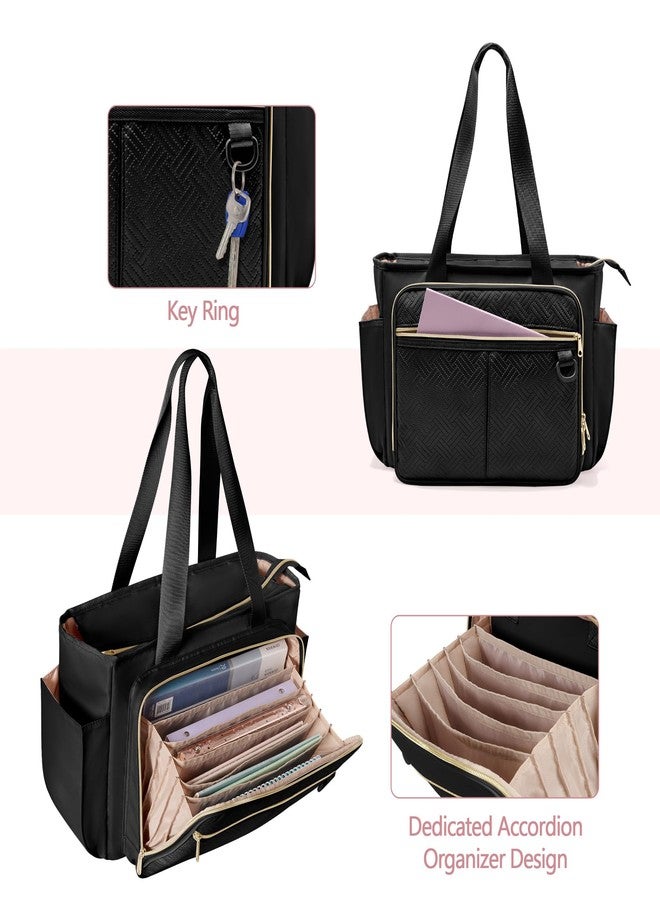 Prokva Teacher Tote Bag with Accordion File Organizer Pocket, Large Teacher Work Utility Bag for Women, Black(Patent Design) - Image 3